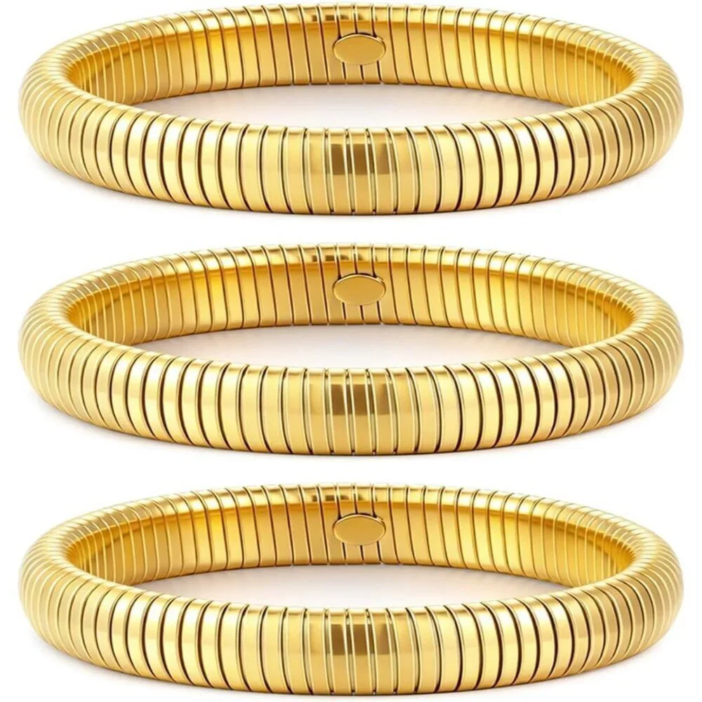 Set of 3 Gold Bangles for Women - 24K Gold Plated Stretch & Chunky Bracelets